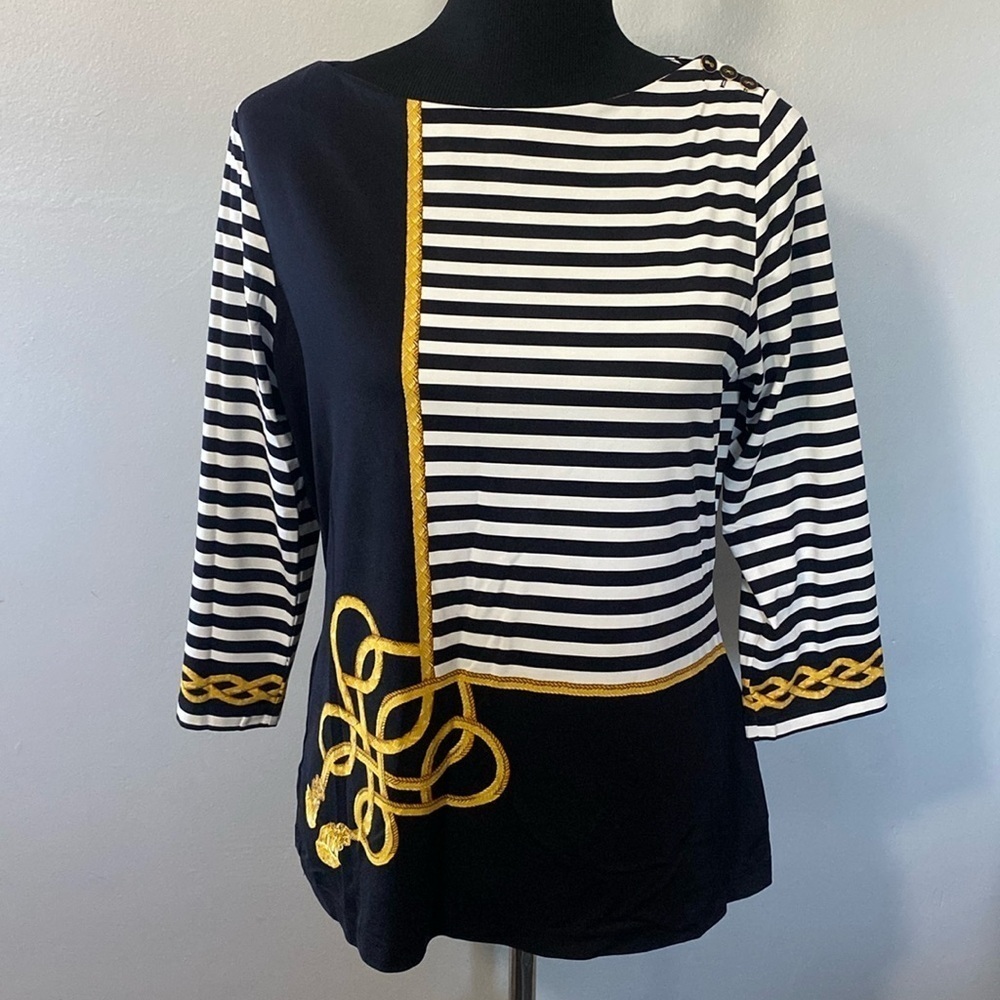 J McLaughlin Women’s Catalina Knit Boat Neck 3/4 Sleeve Top Nautical Striped L